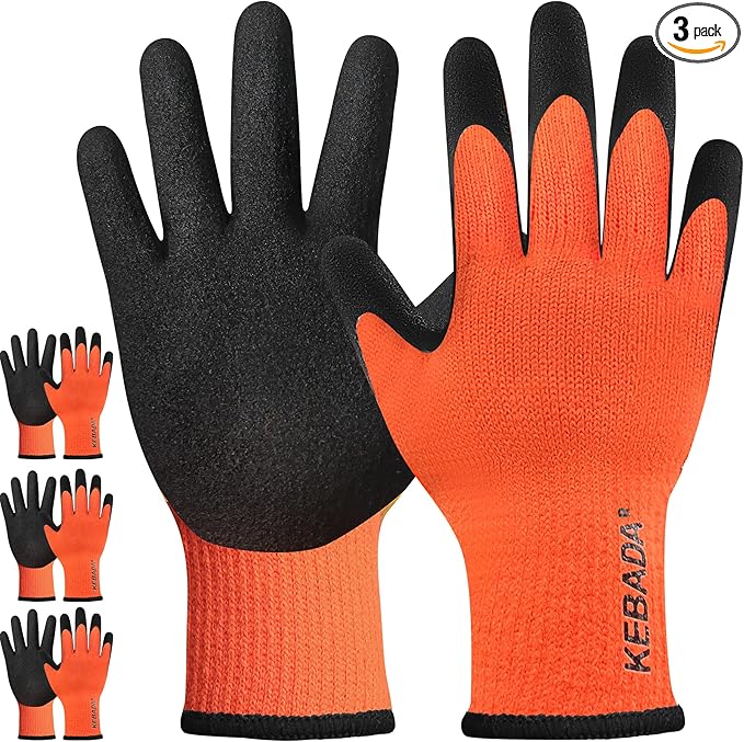 Kebada T3 Winter Work Gloves for Men and Women, Warm Knit Cold Weather Work Gloves, Thermal Insulated Freezer Gloves, 100% Latex Coating Non-slip Grip, Long Wrist Design, 3 Pairs, Orange, Small