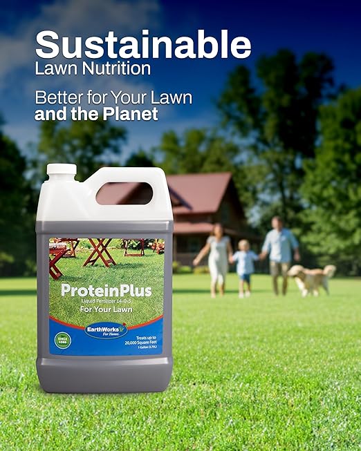 EarthWorks ProteinPlus Organic Liquid Fertilizer, Green Up Lawn Food with Essential Nutrients (Nitrogen, Carbon, Iron & Zinc), All Grass Types, Foil Spray Backpack or Hose End Applicators, 1 Gallon