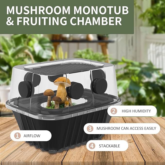 YANWEN Mushroom Growing Kit, Monotub Stackable Grow Box, Fruiting Chamber with FAE Filters, Indoor Use, 12.6 x 12.6 x 6.3 inches, Clear and Black