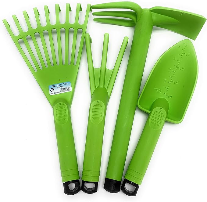 Mintra Garden Tool Set, 4 Piece Heavy Duty Gardening Tools Including Cultivator, Trowel, Shovel & Rake, Durable Poly Material & Non-Slip Handle, Garden Hand Tools Set for Gardening Gift, Lime Green