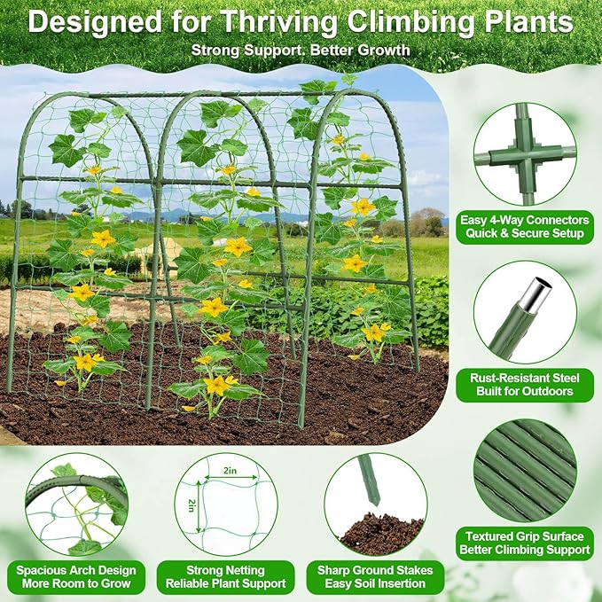 Cludoo Cucumber Trellis for Raised Bed Garden, U-Shape Arch Trellis for Climbing Plants Outdoor, Metal Vegetables Trellis with Netting, Garden Trellis for Cucumber Plants Sweet Pea Bean Grape