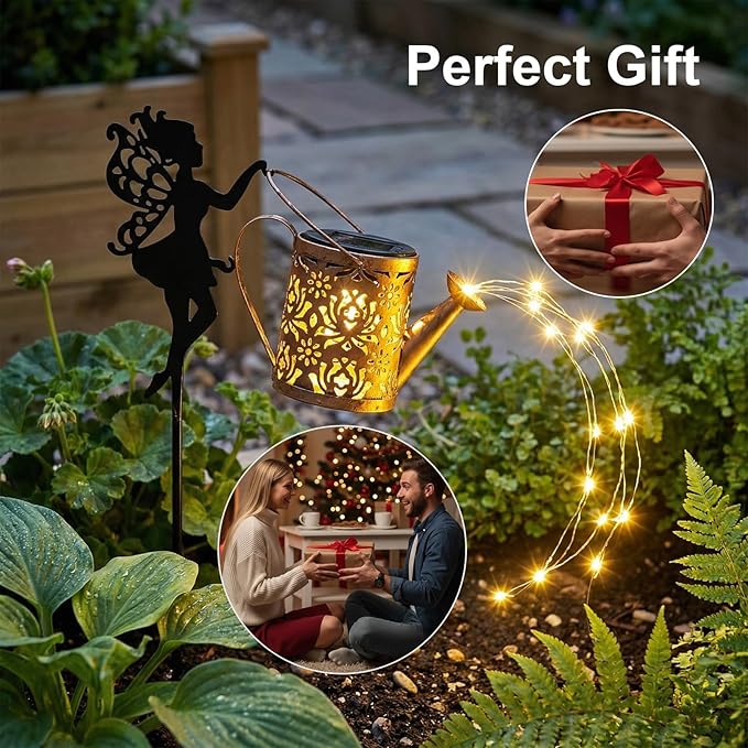 Solar Watering Can with Cascading Lights Outdoor Garden Decor,Waterproof Solar Lantern with Fairy Shepherd Hook,Solar Fairy Lights Outdoor Decoration,Unique Garden Gifts for Women