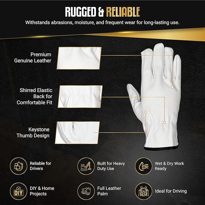 12 Pairs Heavy Duty Durable Leather Work Gloves for Truck Driving, Warehouse, Gardening, Construction, Hand Protection