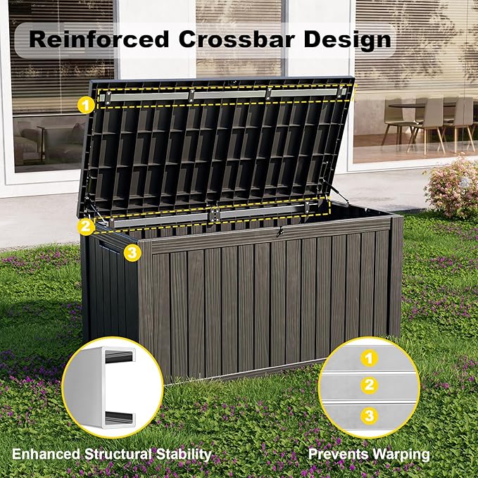 180 Gallon Resin Outdoor Deck Box Waterproof Patio Furniture, Garden Tools, Cushions, Pool Accessories Outside Storage (Black, 180 Gallon)