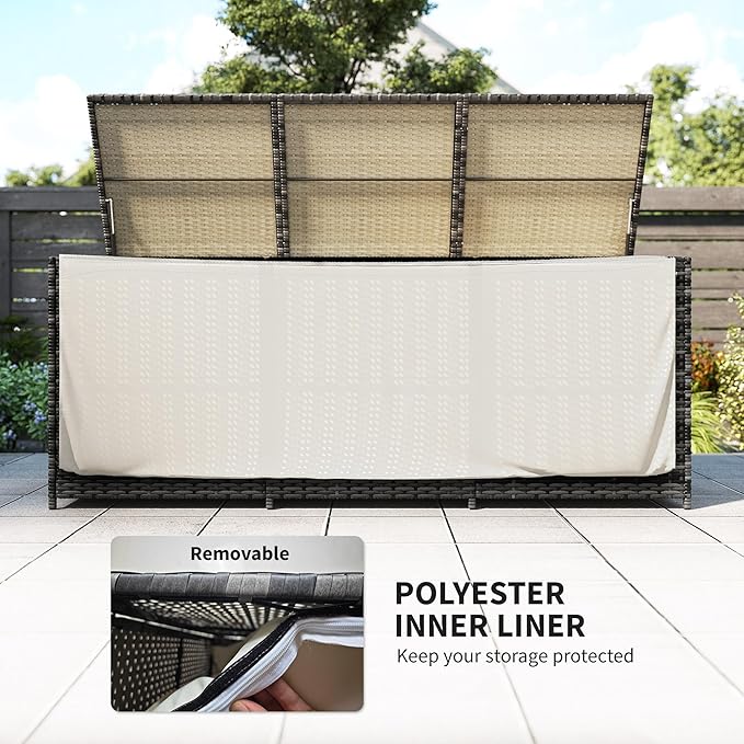 Outsunny 175 Gallon Outdoor Storage Box with Inner Liner, PE Rattan Wicker Deck Box with Pneumatic Bar Lift for Indoor & Outdoor, Patio Furniture Cushions, Pool Supplies, Garden Tools, Mixed Gray