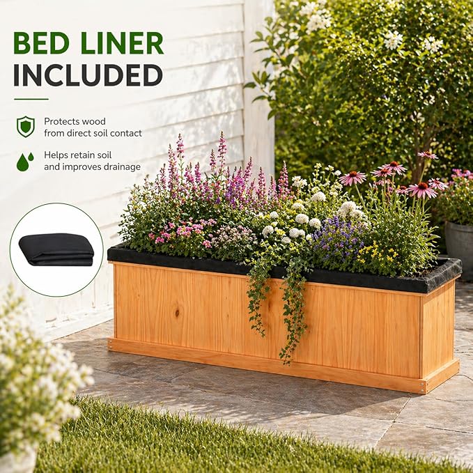 Giantex Raised Garden Bed with 3 Drainage Holes, 44”x10”x12” Wooden Elevated Planter Box w/Removable Bottom & Bed Liner, Elevated Flower Bed, Rectangular Plant Container for Vegetables Herbs & Fruits