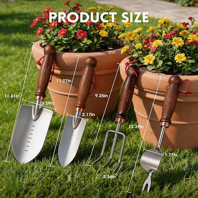 Gardening Tools, 4 Pack Garden Tool Set with Wooden Handles Hand Tools with Transplanting Hand Shovel, Rake and Root Picker Ideal for Digging and Planting