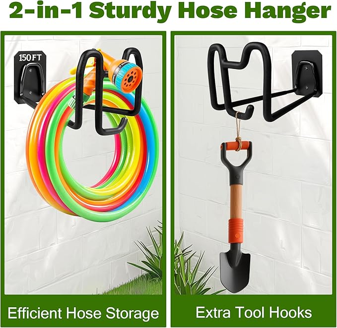 Garden Hose Holder Wall Mount - Metal Hose Hanger with Hook Heavy Duty Garden Hose Reel Sturdy Water Hose Holders for Outside Yard Lawn Storage