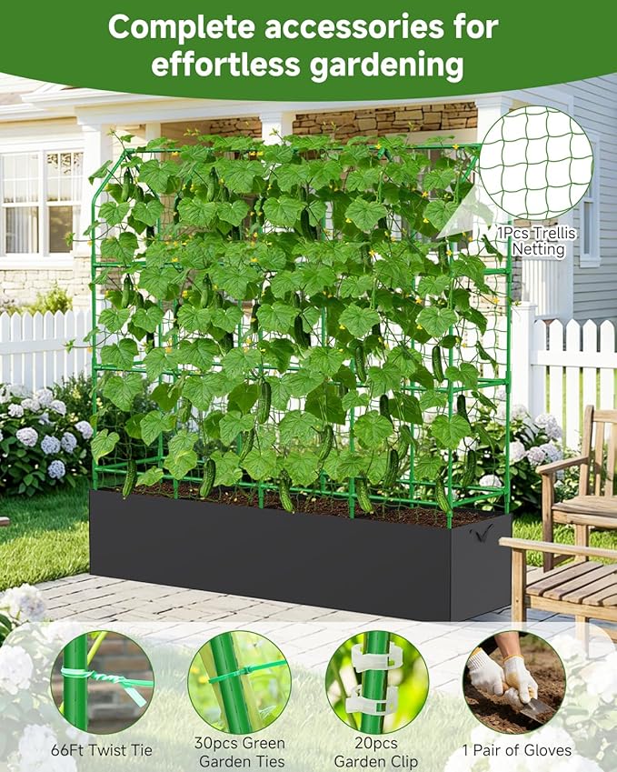 Cucumber Trellis with Grow Bag for Raised Bed, A-Shape Garden Trellis for Climbing Plants Outdoor, Metal Plant Trellis with Garden Netting for Flower Vegetables, Pea, Grape (67 * 17 * 65inch(L*W*H)
