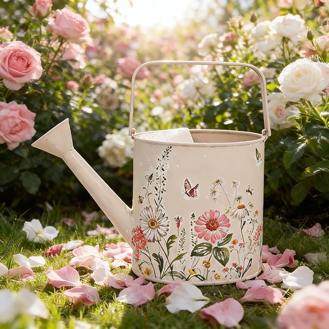 Metal Watering Can Flower Pot with Handle Rustic Farmhouse Water Can for Indoor Outdoor Garden Plants Watering (Pink)