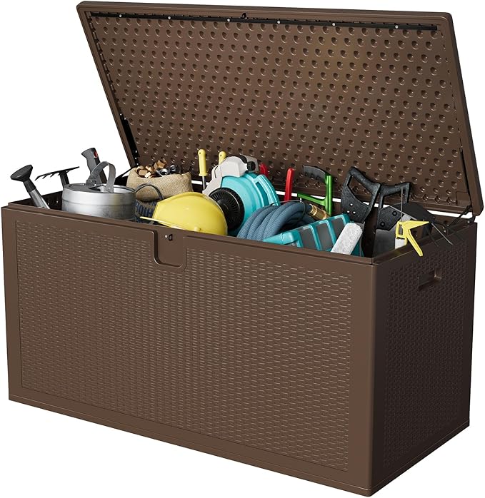 Garvee 150 gal Large Resin Deck Box, Waterproof & Weatherproof Outdoor Storage Box, Lockable Pool Storage Bin with Lid for Porch Patio Garden Backyard, Brown