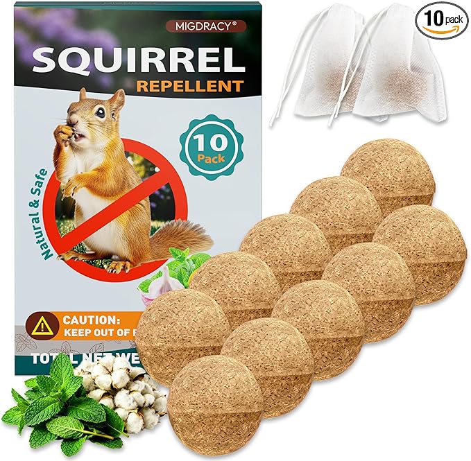 Squirrel Repellent Balls, 10 Pack Natural Plant-Based Formula, Long-Lasting Outdoor Animal Deterrent, Repel Skunk, Chipmunk & Raccoon, Mess-Free for Yard, Garden, Attic & Car Engine