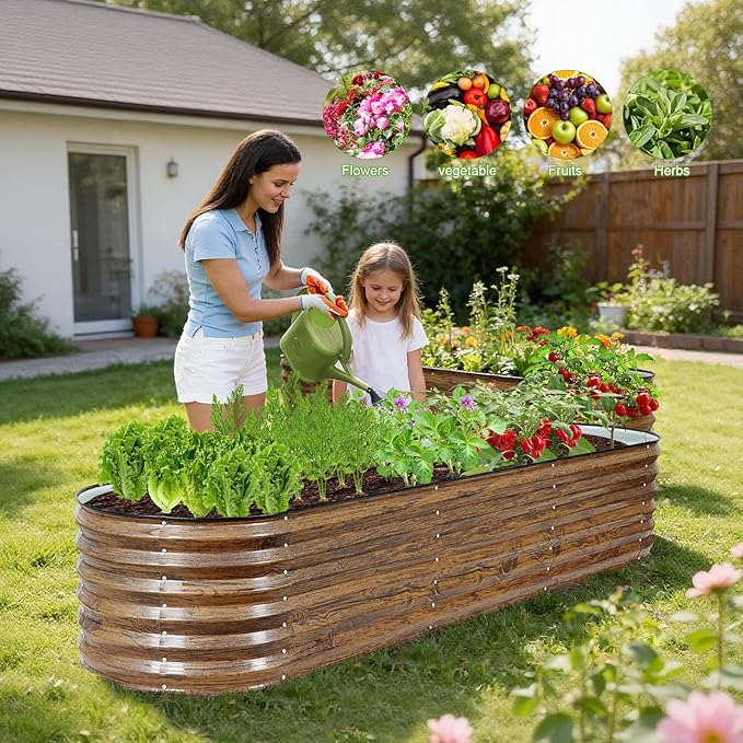 ZORMY Galvanized Raised Garden Bed Outdoor- 2PCS 8x2x1.4ft Oval Steel Raised Beds for Gardening, Metal Planter Box with Protective Strip and Gloves for Vegetables, Flowers, Fruits(Brown)