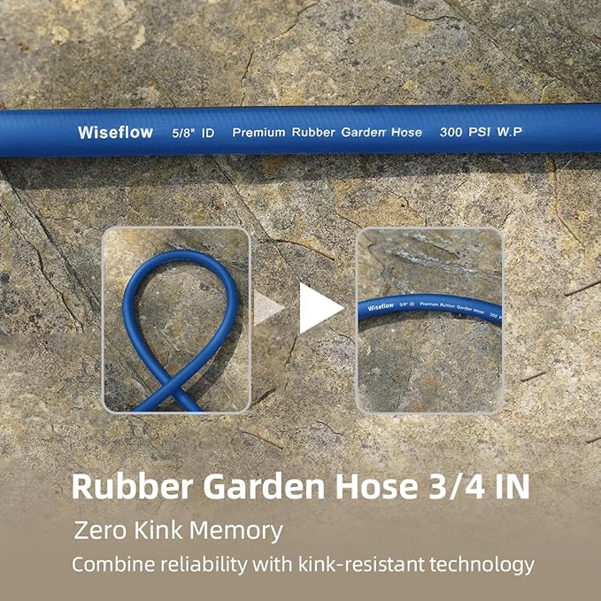WiseFlow Garden Hose 25FT x 5/8", Heavy Duty Rubber Hose, Water Hose with Five Layered Braiding, Male Female Fittings, 1000PSI Burst, 300PSI Working (Blue)