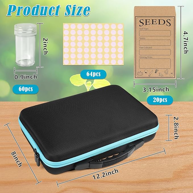 60 Slots Seed Storage Organizer with 20 Seed Envelopes, Sturdy Seed Organizer Storage Box with Zipper Bag Label Stickers(Seeds not Included), Seed Storage Container for Flower Plants Garden