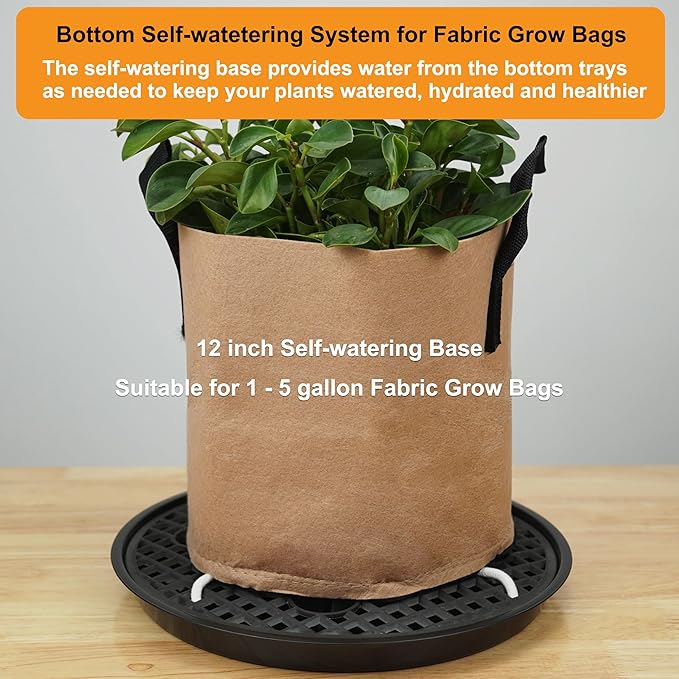 4 Pack 12 inch Self Watering Pot Base for Fabric Grow Bags, Self-watering Plastic Elevated Plant Saucer Stand, Automatic Bottom Tomato Watering Tray for 5 gallon fabric pots