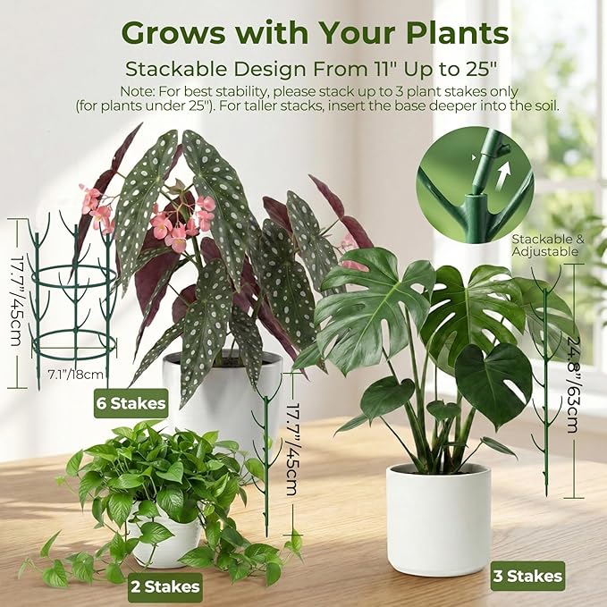 Monstera Plant Support Stakes Indoor - 10 Pack Stackable Garden Trellis for Potted Climbing Pothos Support - Durable All-in-One Tall Plant Sticks Pole for Modern Home Gardening