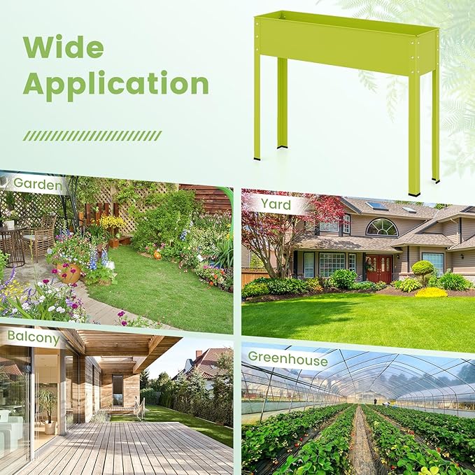 Giantex Raised Garden Bed, Metal Planter Box with Legs, Drain Hole, Outdoor Indoor Elevated Garden Box for Vegetable Flower Herb Fruit, Standing Raised Beds for Backyard Porch Balcony Green