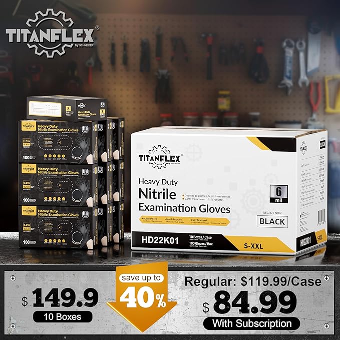 TitanFlex Heavy Duty Black Nitrile Gloves, 6 Mil, Fully Textured, Mechanic Disposable Gloves, Latex Free, Powder Free