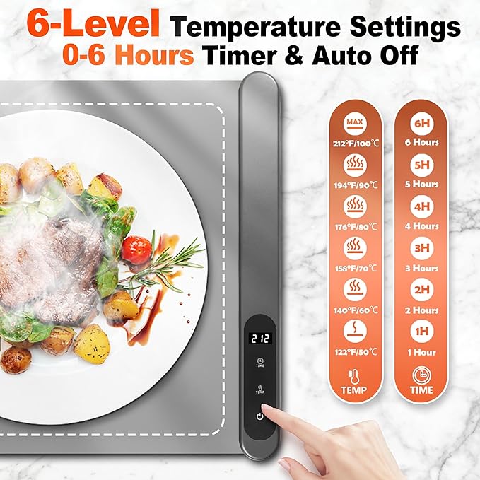 Silicone Food Warming Mat - 42 x 15 Inch Extra Large with Heat-Resistant Mat, 500W Graphene, 6 Temp & 6H Timer, Rollable Electric Heating Mat