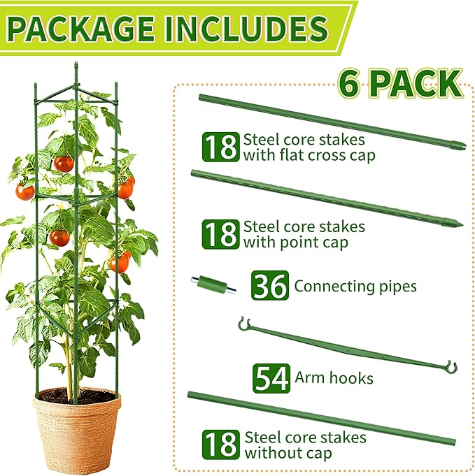 63-Inch Heavy Duty Tomato Cages, 6-Pack Extra Tall Metal Tomato Trellis, Steel Tube Plant Cage for Indeterminate Tomatoes, Cucumbers, Pole Beans – Rust-Proof Coated