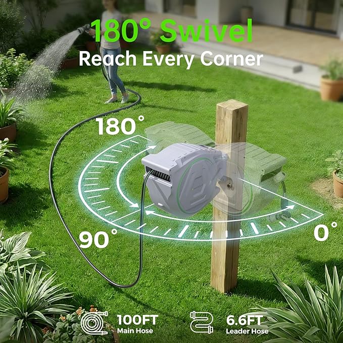 Retractable Garden Hose Reel 5/8 in x 100 ft, Heavy Duty Wall Mounted Water Hose Reel with 9-Pattern Nozzle, Any Length Lock, Automatic Slow Return System, 180° Swivel Bracket, UV Resistant