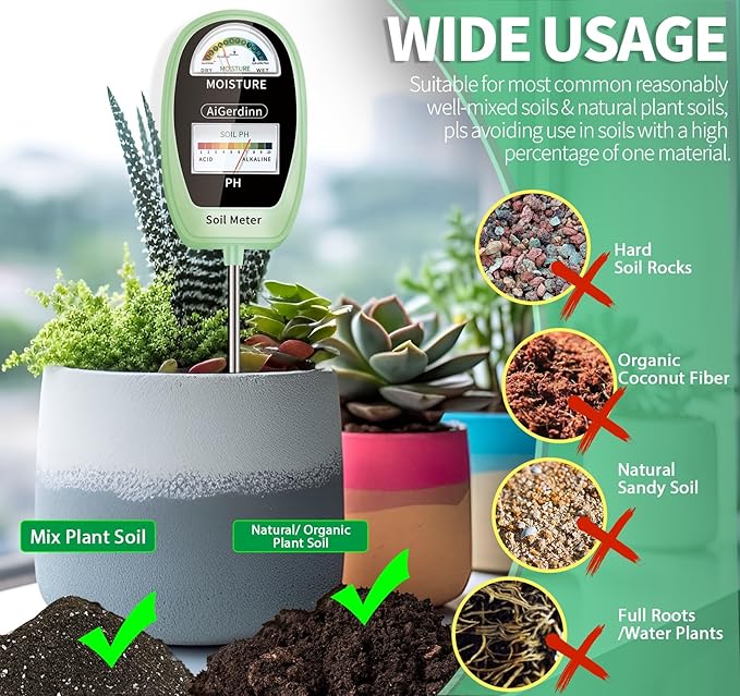 Soil Test Kit, 2-in-1 Soil Moisture Meter, Soil pH Meter -Dual Dial-Simultaneously-Display Results-Soil pH Tester, Moisture Meter for House Plants,Garden,Lawn,Farm Indoor&Outdoor-Green