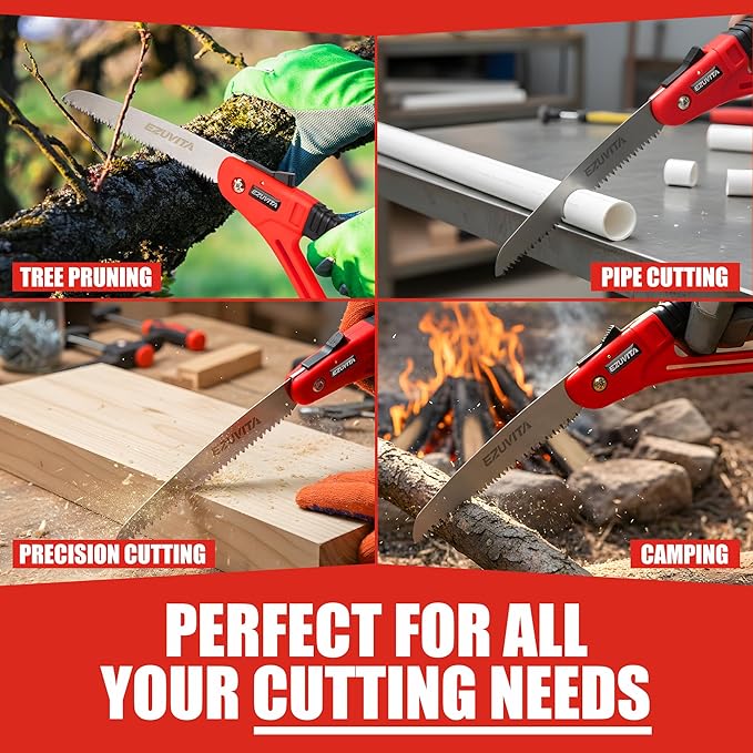 7 Inch Folding Saw with EDC Pouch, Lightweight Hand Pruning Saw with Curved Grip, Triple-Cut Razor Teeth for Wood Cutting, Tree Trimming, Gardening, Camping, Hiking, Hunting