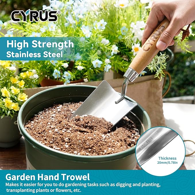 CYRUS Garden Shovel Tool Set,3 Piece Garden Shovel Stainless Steel,Includes Hand Trowels, Transplanting Shovel and Hand Rake with Ash Wood Handle,Gardening Shovels for Planting