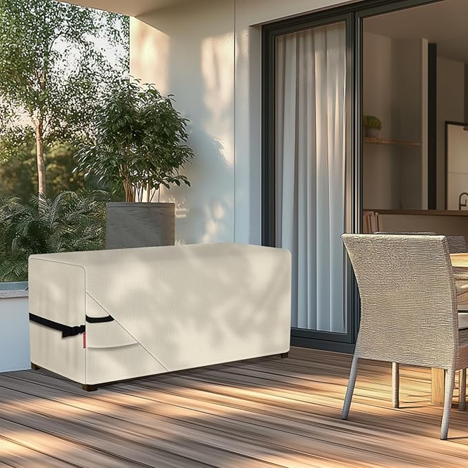 Porch Shield Patio Deck Box Storage Cover - 600D Outdoor Waterproof Cover for 150-230 Gallon Box Tear Resistant Rectangular Fire Pit Table Covers 61 x 28 x28 inch Beige