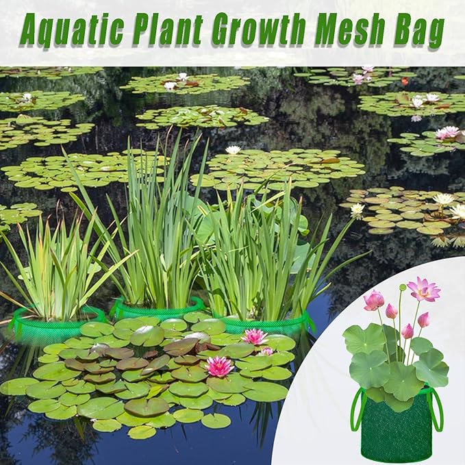 Pond Planting Bags with Handles, Aquatic Pond Lily Planter Reusable Water Gardens Plant Mesh Pots Green Round Pond Plant Basket for Aquatic, Marsh, Bog, Garden, Terrestrial Plants (4 Pcs)