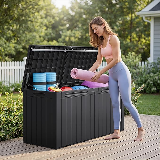 Greesum 110 Gallon Outdoor Storage Box with Lockable Lid, All-Weather for Patio Furniture, Pool Supplies & Garden Tools, Waterproof, UV-Resistant Large Deck Box, Dark Black