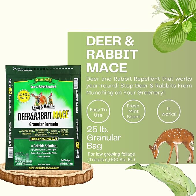 Nature's MACE Deer & Rabbit Repellent 25lb, Covers 25,000 Sq Ft, Repel Deer from Your Home & Garden, Deterrent, Safe to use Around Children, Plants, Produce, Protect Your Garden Instantly, Plant Safe