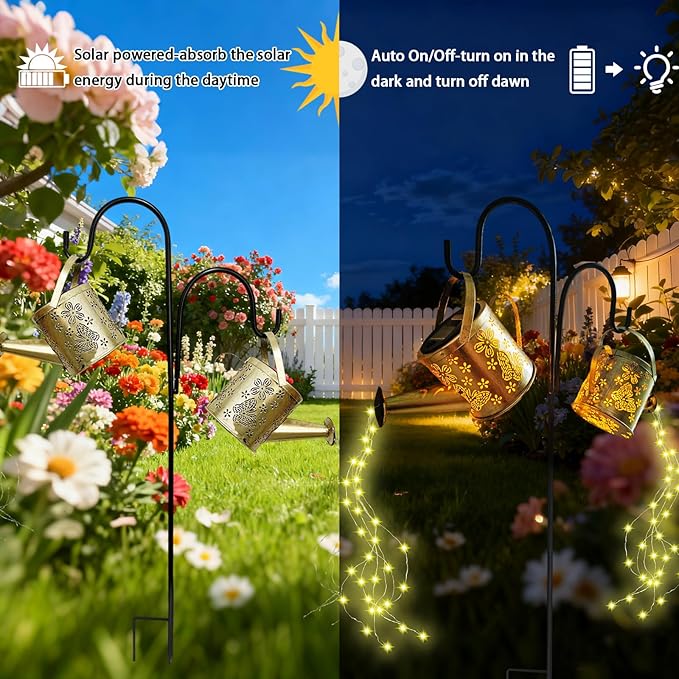 DDQ 2PC Metal Solar LED Watering Can Lights, Warm White LED Solar Lights for Backyard with Shepherd Hook, IP65 Waterproof Metal Garden Decor for Mom Family Holidays Gift