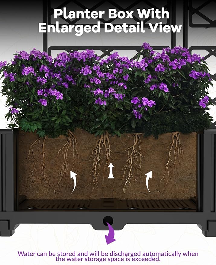 CABIHOME Planter Box with Trellis - Plastic Raised Garden Beds & Metal Trellis w/Drain Plug - Outdoor Raised Planter Box Privacy Screen for Climbing Plants, Flowers, Veggies & Fruits