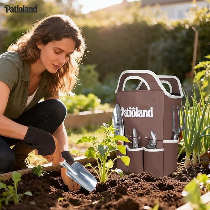 10-Piece Garden Tool Set – Brown Gardening Hand Tools with Non-Slip Handles, Heavy Duty Rust-Proof Aluminum Tools, Organizer Tote Bag, Ideal Gardening Gifts for Women & Grandma