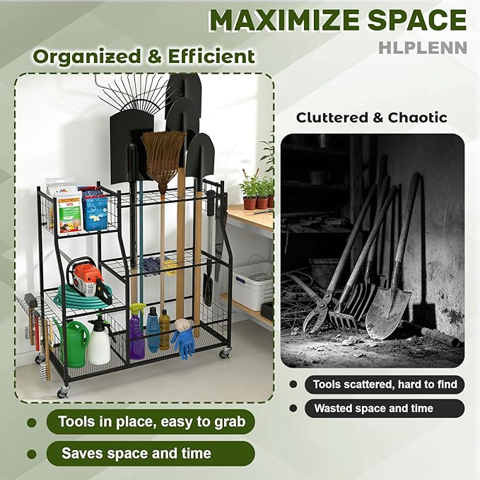 Garden Tool Organizer, Garden Tool Organizer Stand with Lockable Wheels, Metal Yard Tool Storage Rack for Long Handled Tools, Shovels & Rakes, Rustproof Tool Holder for Shed or Basement