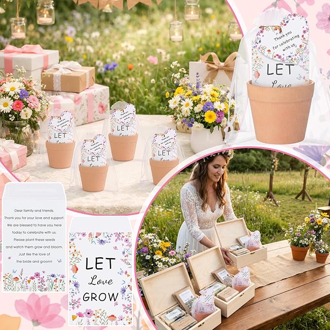 Ctosree 50 Sets Let Love Grow Wildflower Wedding Favors for Guests Include Self Adhesive Seed Packets Flowerpot Thank You Tags and Organza Gift Bags for Bridal Shower Wedding Party Favor