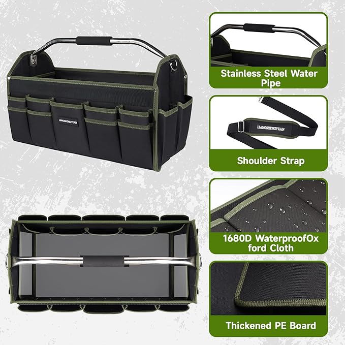 20In Electrician Tool Bag, Foldable Bags For Men Heavy Duty, Open Top Tool Tote, 30 Pockets Can Hold Many fittings, Organizer Stainless Steel Handle and Removable Shoulder Strap