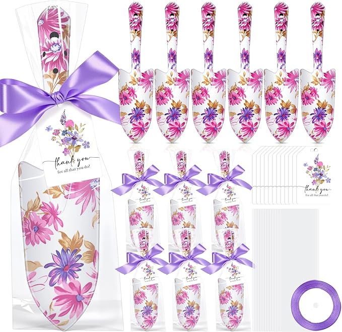Capoda 12 Sets Floral Garden Shovels Bulk Gardening Gift for Women Garden Tools Floral Hand Heavy Duty Christmas Trowels Thank You Cards with Bags for Mom Gift Birthday Teacher(Purple,Elegant)
