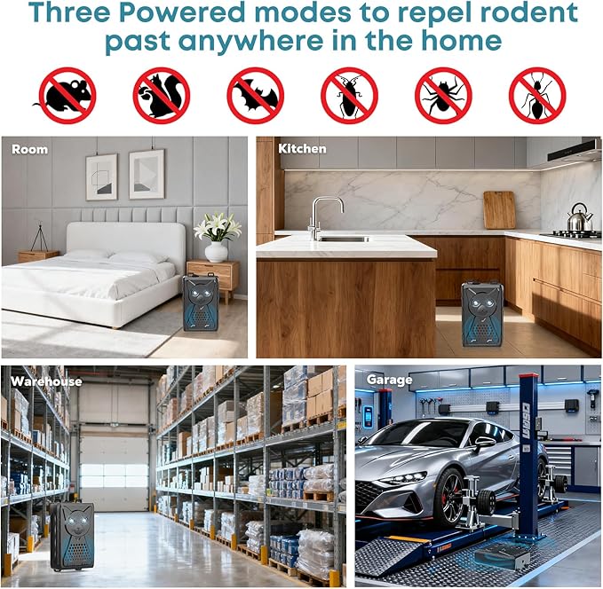Ultrasonic Pest & Rodent Mouse Repellent, Plug-in Electronic Rat Squirrels Bat Bug Spider Repeller, Battery Operated Deterrent Control Mice for Car Engines, Replace Mouse Traps Indoor, Outdoor 1 Pack