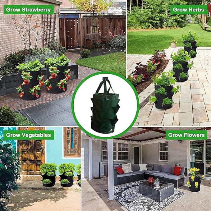 3 pcs Hanging Planter Bag with Handles, Plastic Hanging Strawberry Planting Containers Strawberry Grow Bags Foldable Durable Growing Bags Grow Planter for Growing Vegetables Flowers Herb Plant