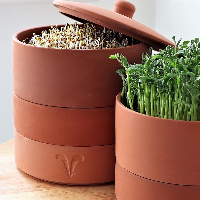 Clay Sprouter Kit | Terracotta Tower with 3 Shallow Germinating Trays, Paper Discs & Free E-Book | 2 in 1 Sprouting Trays Ideal for Germinating Sprouts and Microgreens