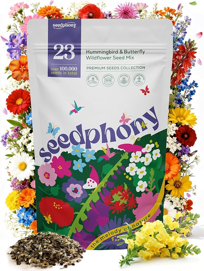 23 Wildflower Hummingbird & Butterfly Mix 4 oz - 100,000 Non-GMO Heirloom Wildflower Seeds for Planting Garden, Perennial Flowers to Attract Bees, Butterflies & Birds in Waterproof Packet
