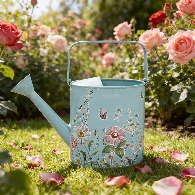 Metal Watering Can Flower Pot with Handle Rustic Farmhouse Water Can for Indoor Outdoor Garden Plants Watering (Blue#2)