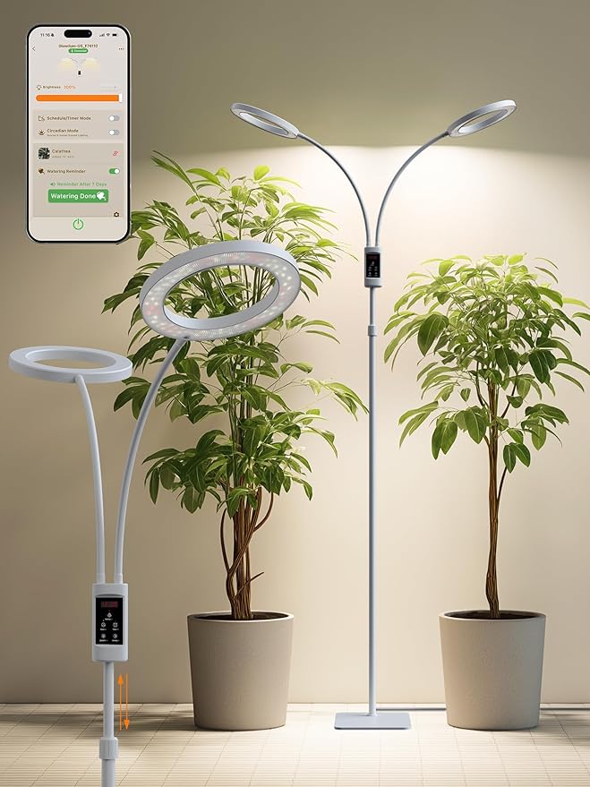 Smart Grow Lights for Indoor Plants,48W 2-Head Plant Light with Auto-Timer, Full Spectrum LED Grow Light, Adjustable Height & Stepless Dimming,Plant Assistant Suitable for Most Plants (White, 48W)
