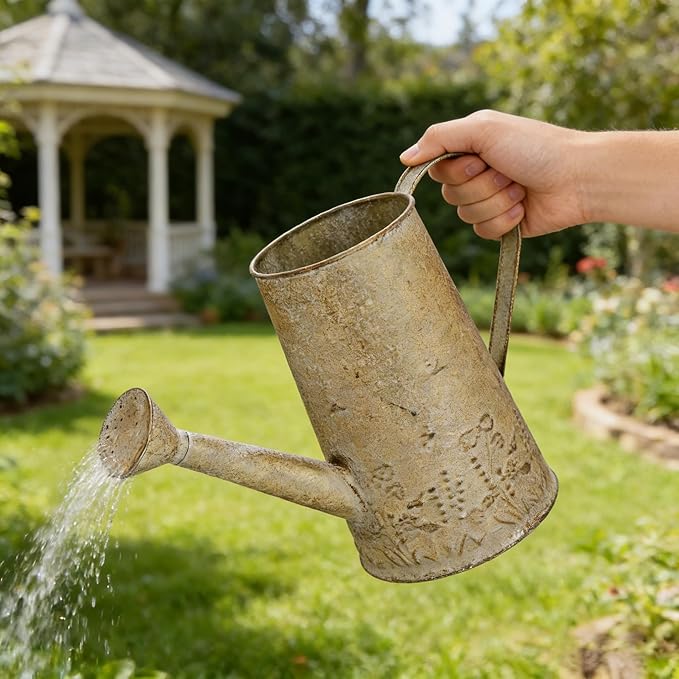 Vintage Metal Watering Can with Floral Embossed Design Garden Distressed Gold Decorative Watering Pot Planter Farmhouse Waterer for Home Indoor Outdoor Garden Balcony Courtyard