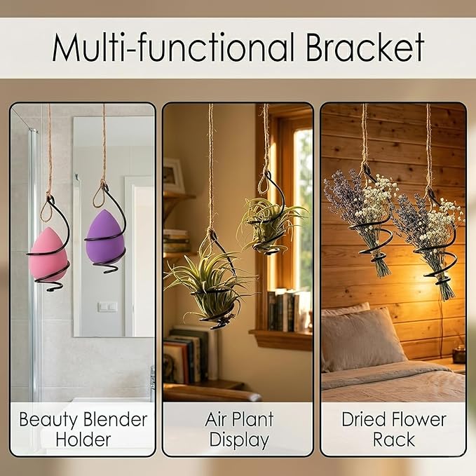 6 Pack Air Plant Holder Hanging Metal, Adjustable Tillandsia Holders with Jute Rope, Minimalist Hanging Air Plant Holder Display for Succulents, Boho Wall Decor Window Plants Hanger