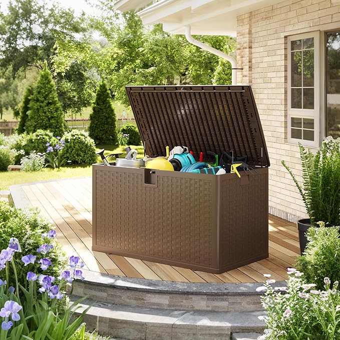 Garvee 120 gallon Waterproof Outdoor Storage Box, Lockable Plastic Deck Box with Lid, Patio Storage Bin for Pool, Garden Tools, Backyard, Porch, All-Weather Protection, Brown