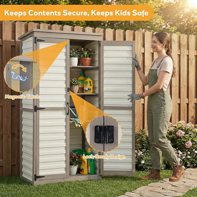 PetsCosset Outdoor Storage Cabinet with Shelves, Wood & Plastic Garden Shed, Weatherproof Outside Tool Cabinet for Patio, Backyard, Pool